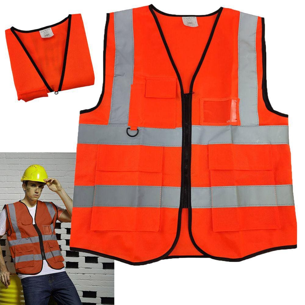 Colete Sinalizador Refletivo Segurança Trabalho EPI Blusao Fluorescente Bolsos Ziper Obra Transito Guarda Sinal