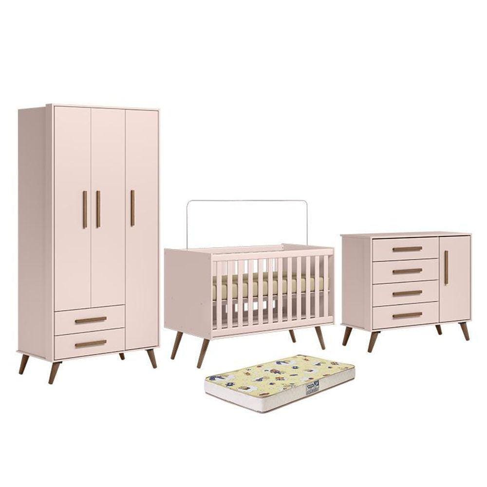 Dormitório Infantil Q Encanto Retrô Guarda Roupa, Cômoda e Berço com Colchão Supreme - Qmovi