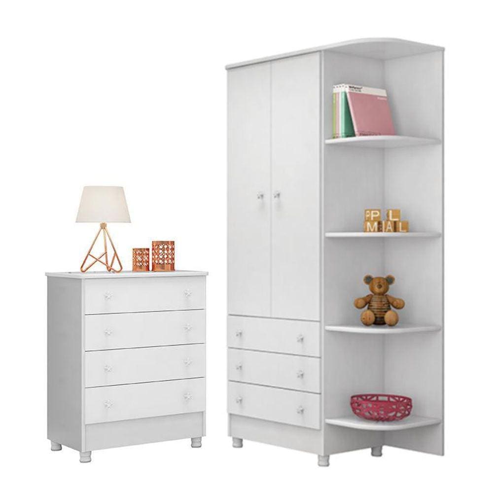 Jogo de Quarto Doce Sonho Guarda Roupa 2 Portas e Cômoda 4 Gavetas com Pés - Qmovi