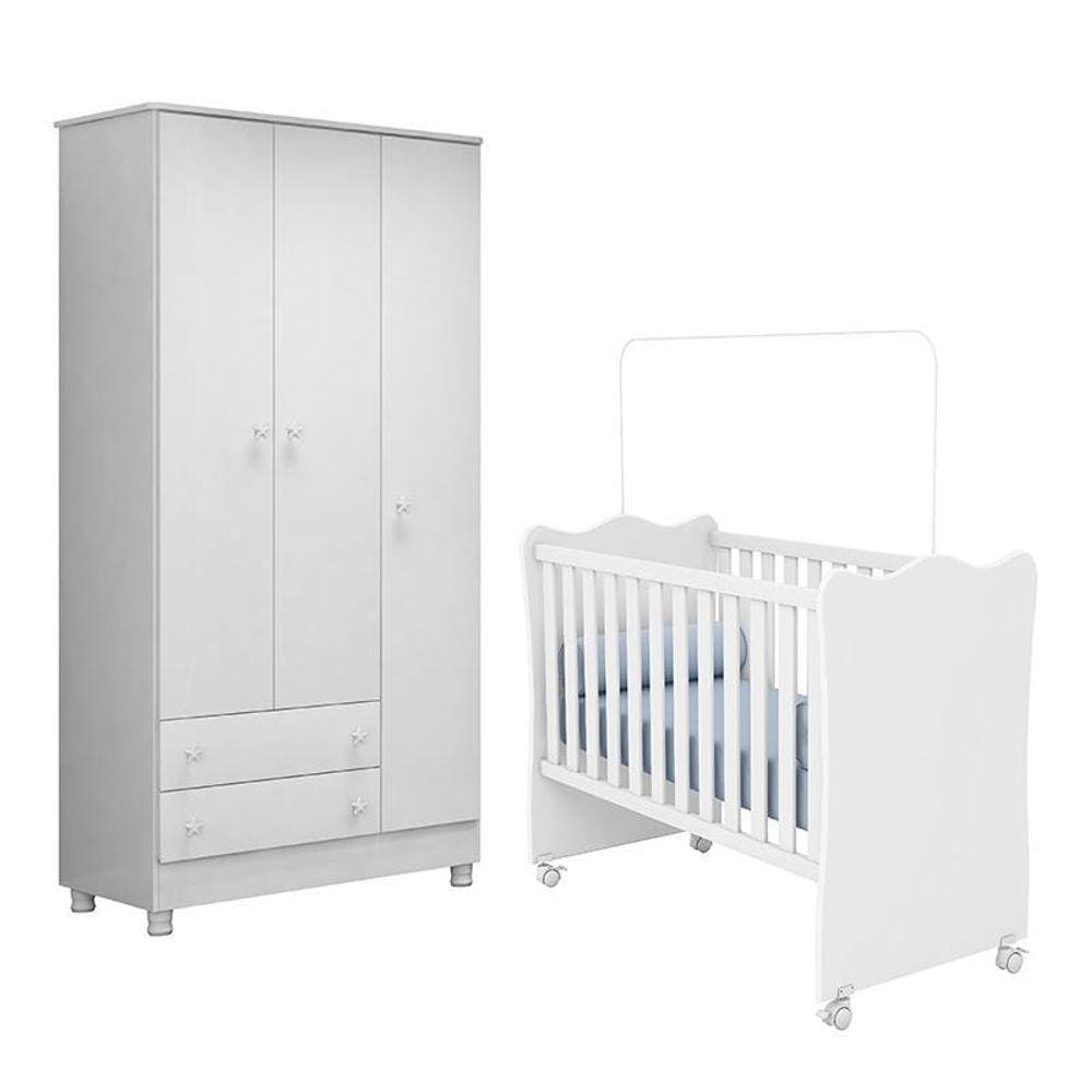 Jogo de Quarto Infantil Doce Sonho Guarda Roupa 3 Portas e Berço com Rodízio - Qmovi