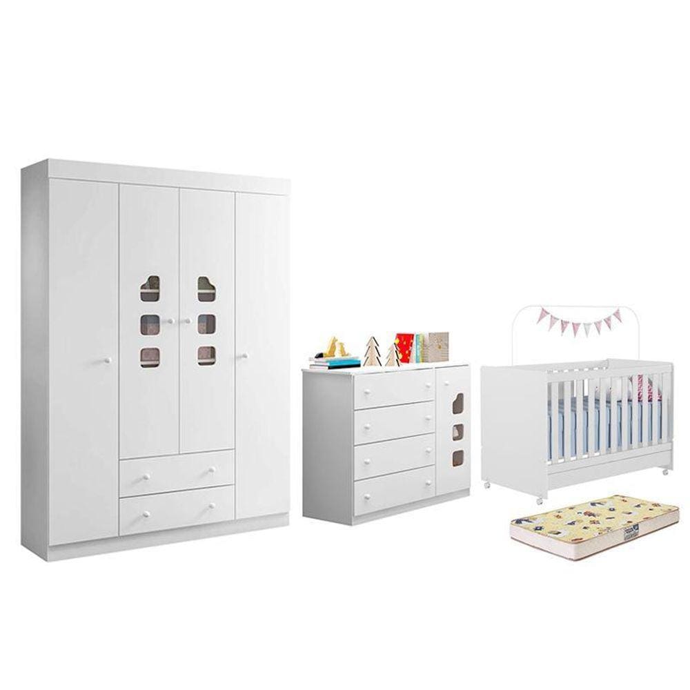 Dormitório Lívia Guarda Roupa, Cômoda e Berço Encanto com Colchão Supreme - Phoenix Baby