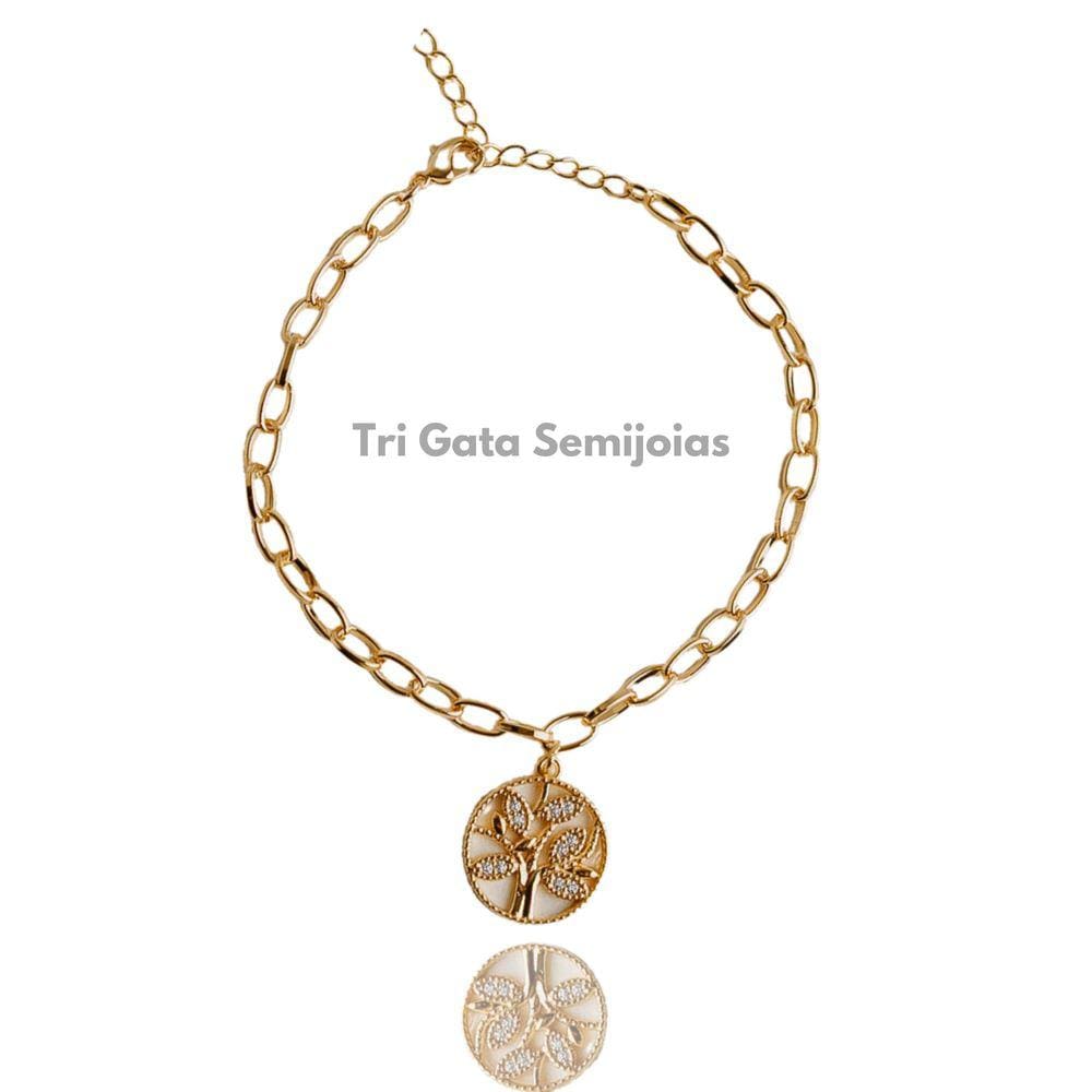 Pulseira dourada pingente árvore da vida