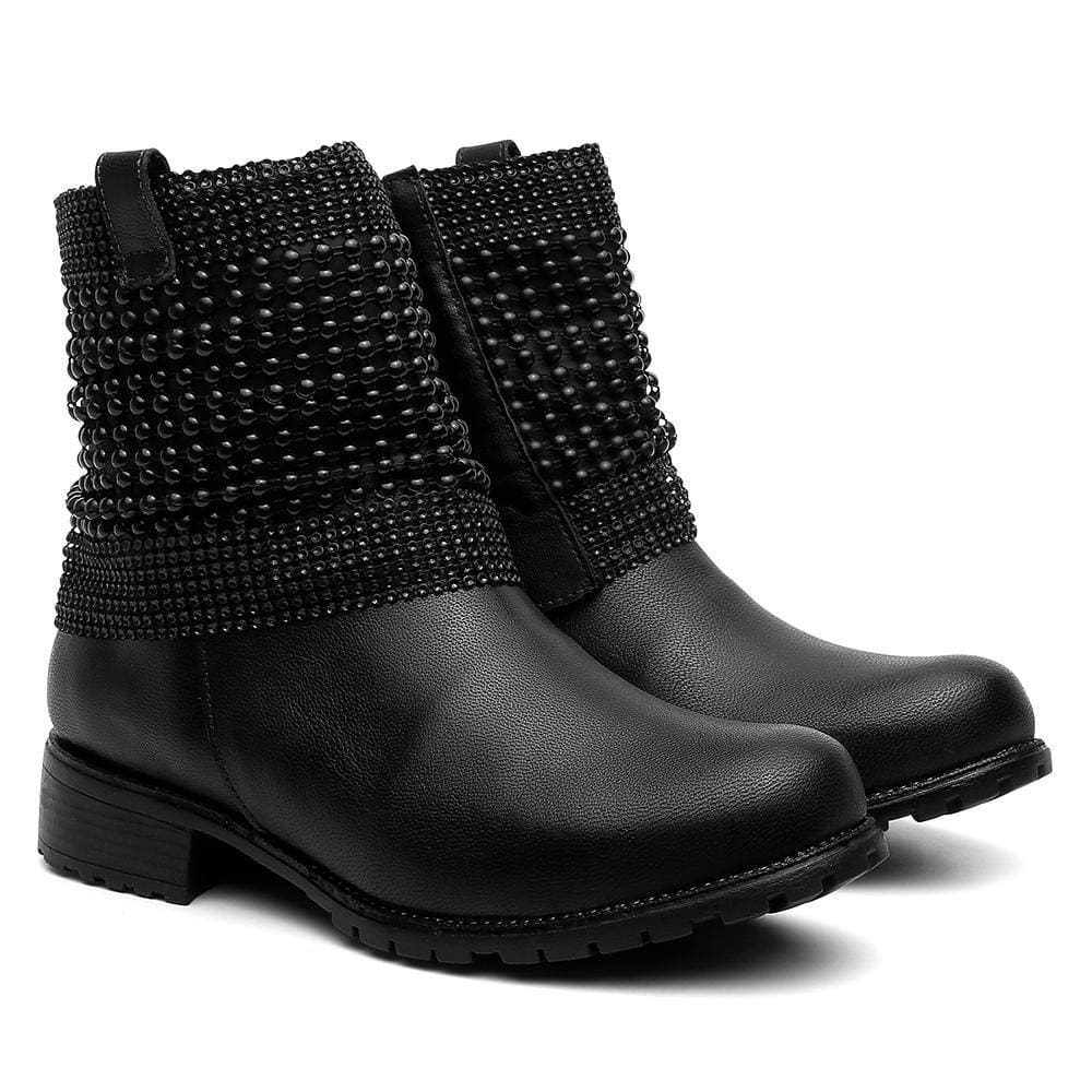 Bota Feminina Cano Curto Couro Salto Baixo Malha Metal