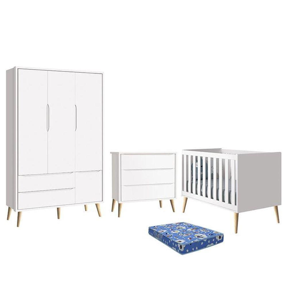 Dormitório Infantil Theo Retrô 3 Portas, Cômoda, Berço com Pés Madeira Natural e Colchão - Reller Móveis