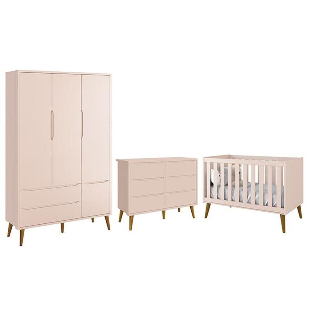 Dormitório Completo Infantil Theo 3 Portas, Cômoda 6 Gavetas e Berço com Pés Amadeirado - Reller Móveis