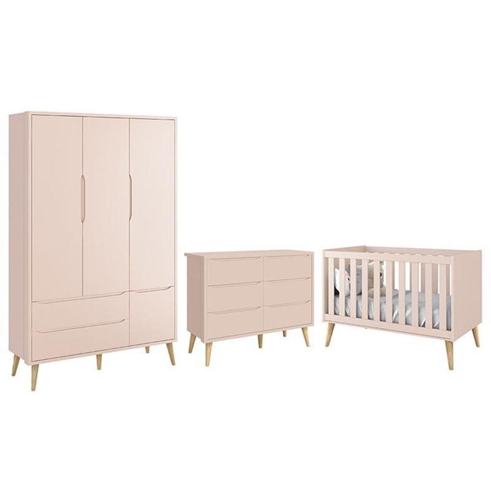 Dormitório Completo Infantil Theo 3 Portas, Cômoda 6 Gavetas e Berço com Pés Madeira Natural - Reller Móveis