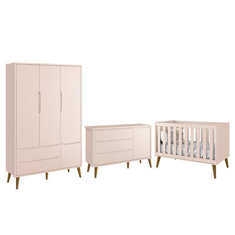Dormitório Infantil Theo Retrô 3 Portas, Cômoda 1 Porta e Berço com Pés Amadeirado - Reller Móveis