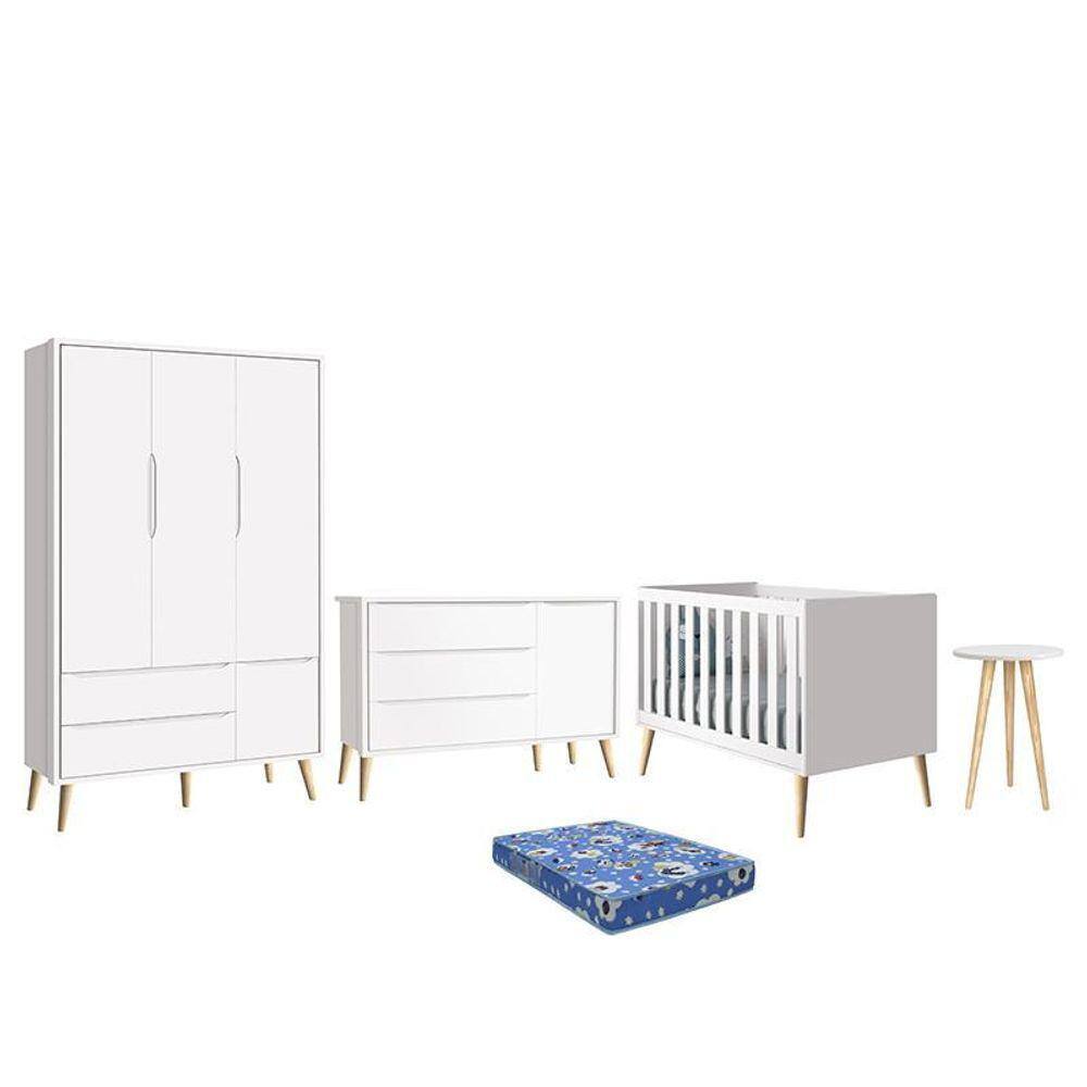 Dormitório Theo Retrô 3 Portas, Cômoda 1 Porta, Berço, Mesa de Apoio com Pés Madeira Natural e Colchão - Reller Móveis