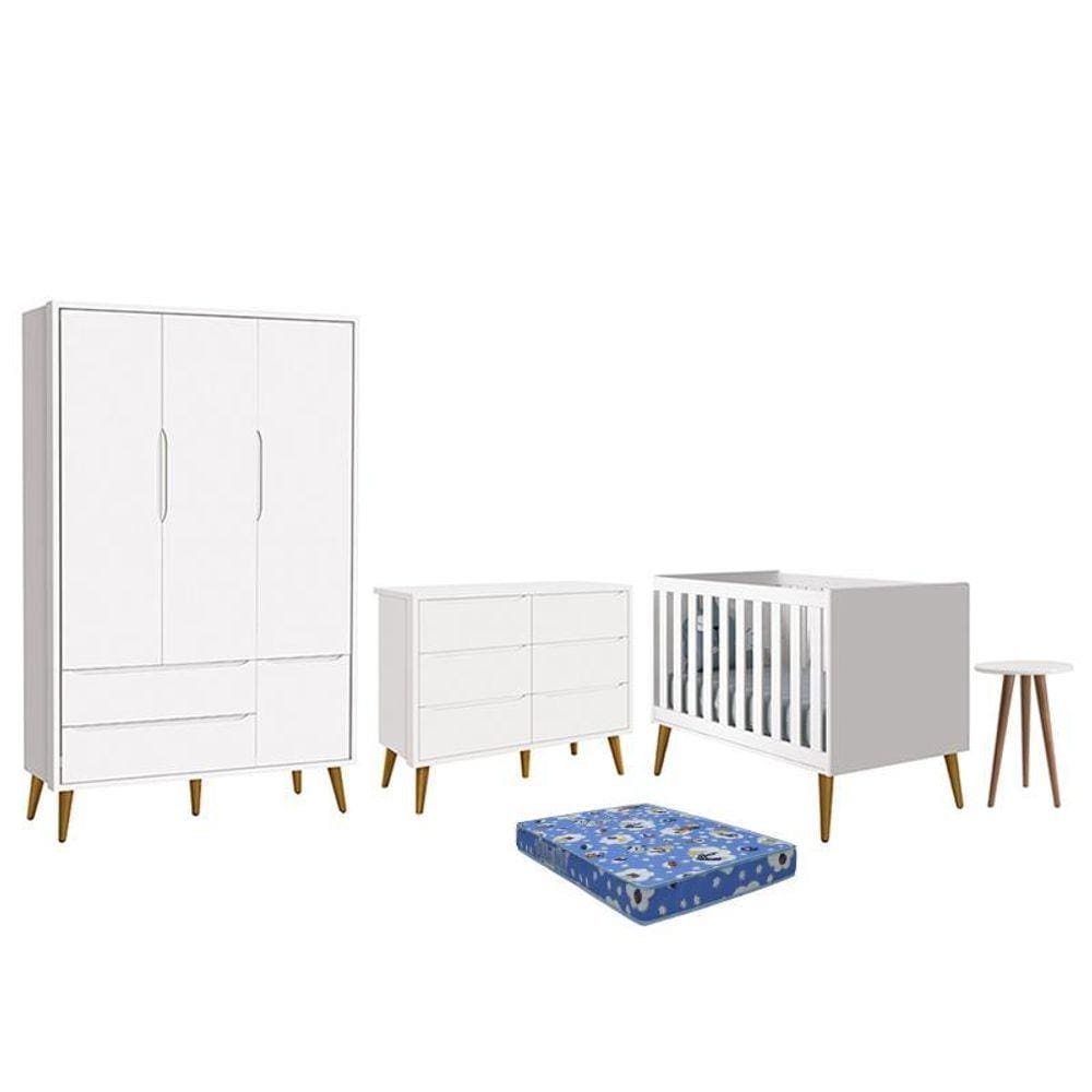 Dormitório Theo 3 Portas, Cômoda 6 Gavetas, Berço, Mesa de Canto com Pés Amadeirado e Colchão - Reller Móveis