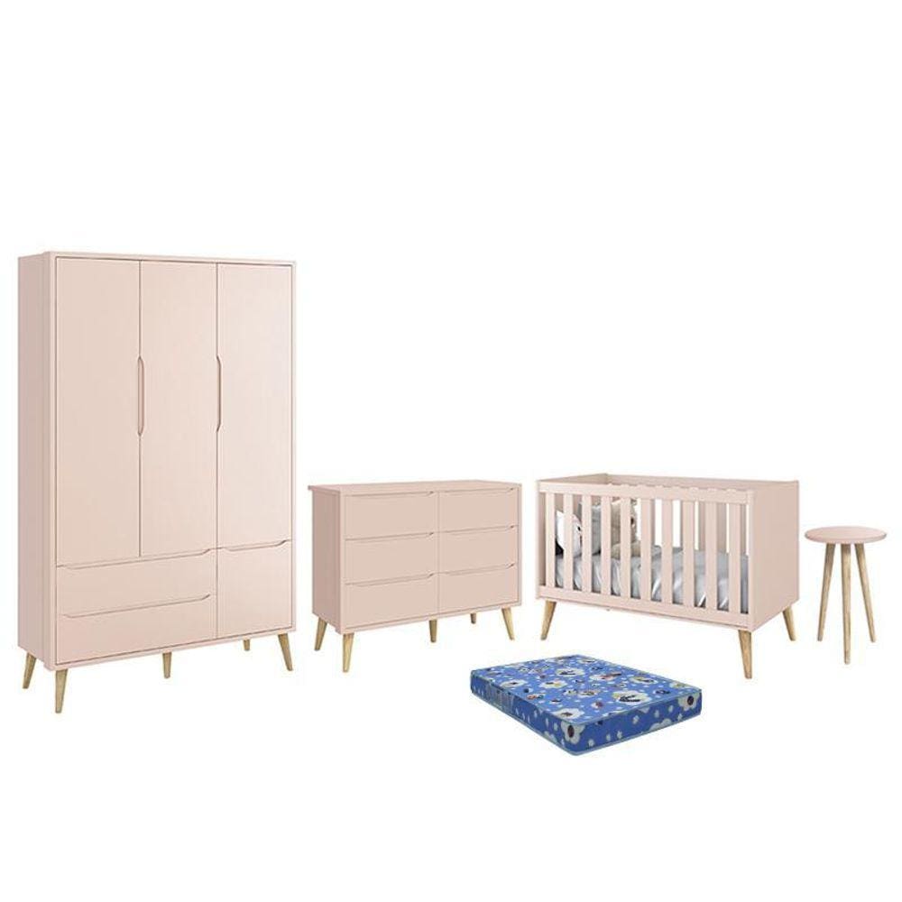 Dormitório Theo 3 Portas, Cômoda 6 Gavetas, Berço, Mesa de Canto com Pés Madeira Natural e Colchão - Reller Móveis