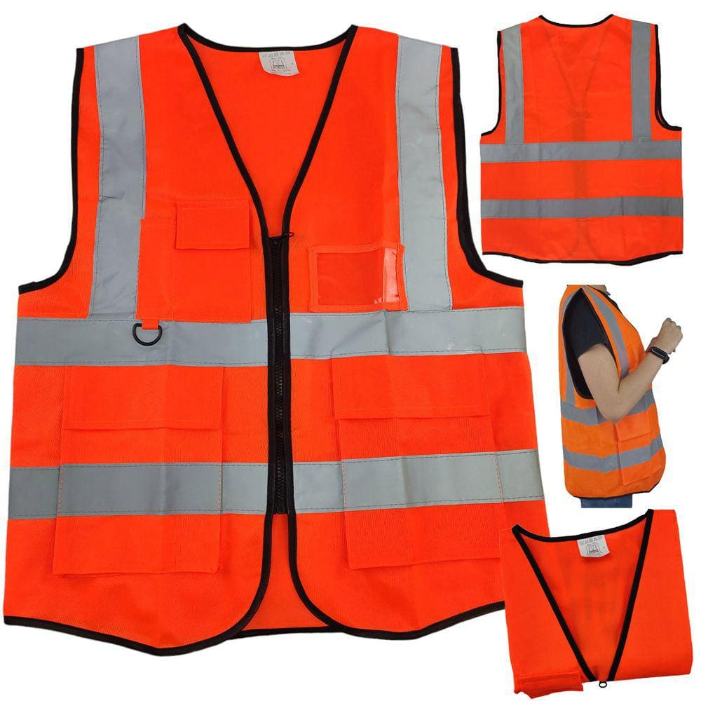 Colete Sinalizador Faixa Refletiva EPI Segurança Trabalho Blusao Fluorescente Bolso Ziper Porta Cracha Caneta Obra Construçao