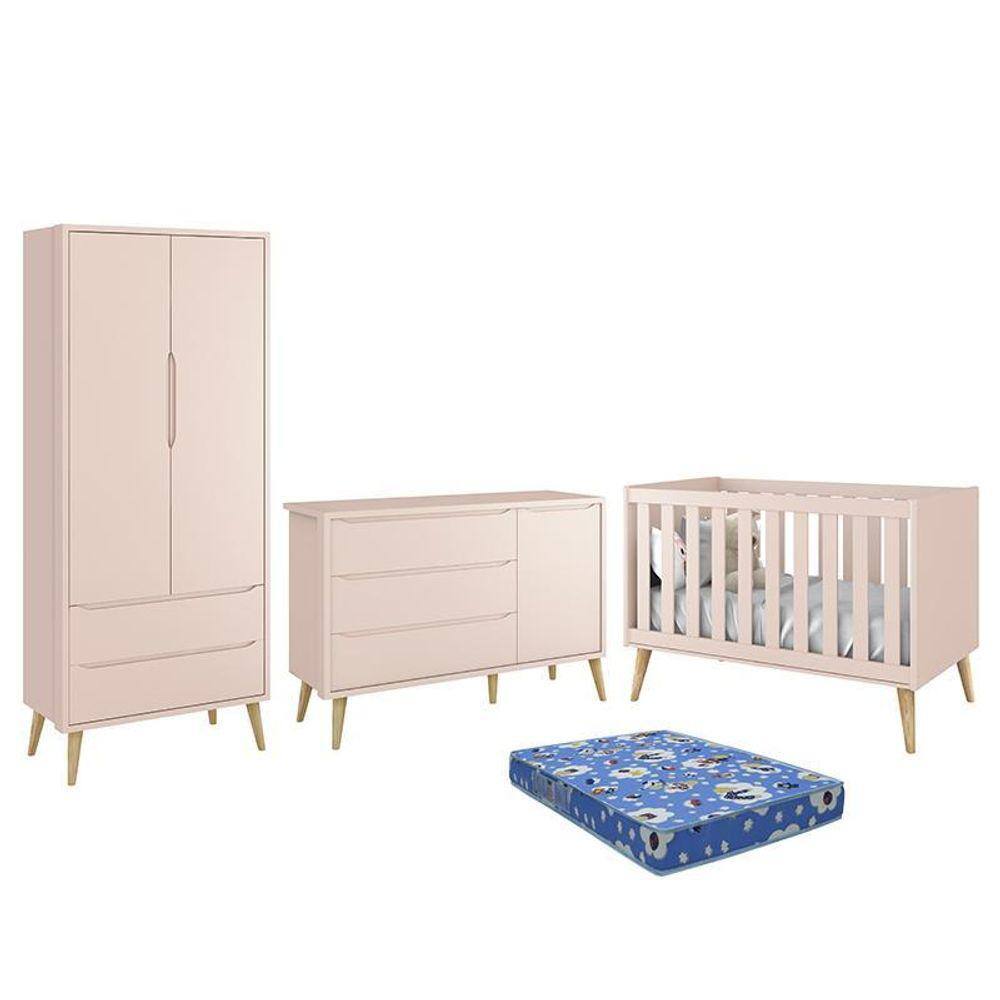 Dormitório Theo Retrô 2 Portas, Cômoda 1 Porta, Berço com Pés Madeira Natural e Colchão - Reller Móveis