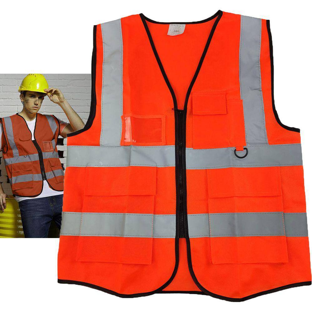 Colete Faixa Sinalizador Fluorescente Segurança Trabalho EPI Construçao Obra Guarda Transito Estacionamento Bolsos Ziper Porta Caneta Cracha