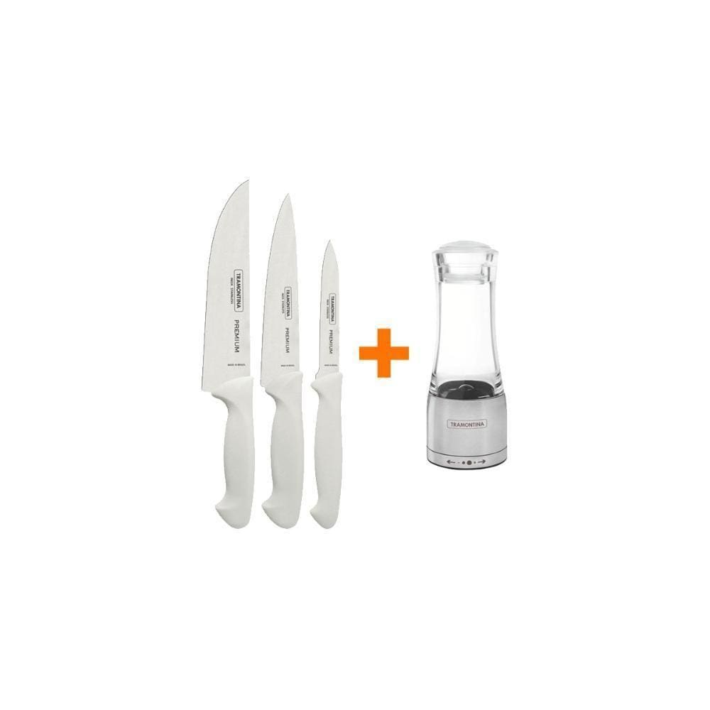Kit - Faqueiro Premium 3 Peças + 1 Moedor De Sal Ou Pimenta Em Acrílico E Inox - Tramontina