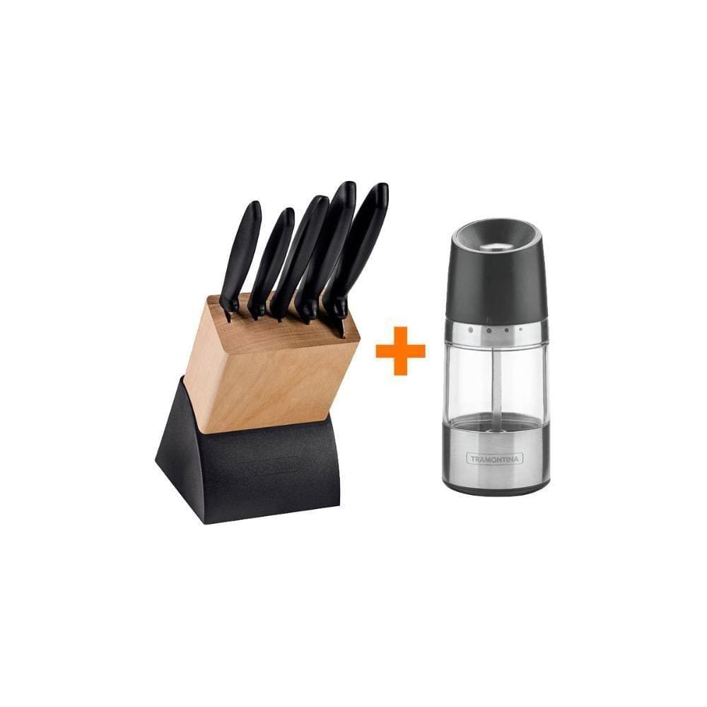 Kit - Faqueiro Plenus 6 Peças + 1 Moedor De Sal Ou Pimenta Realce Em Acrílico E Inox - Tramontina