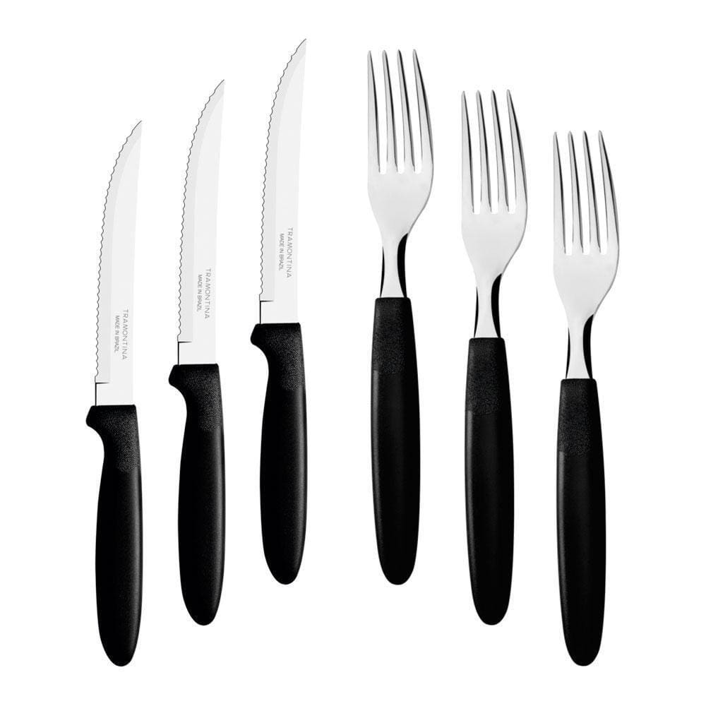 Kit - Jogo De Faca E Garfo Ipanema 96 Peças Em Aço Inox Cabo Preto Ptop - Tramontina
