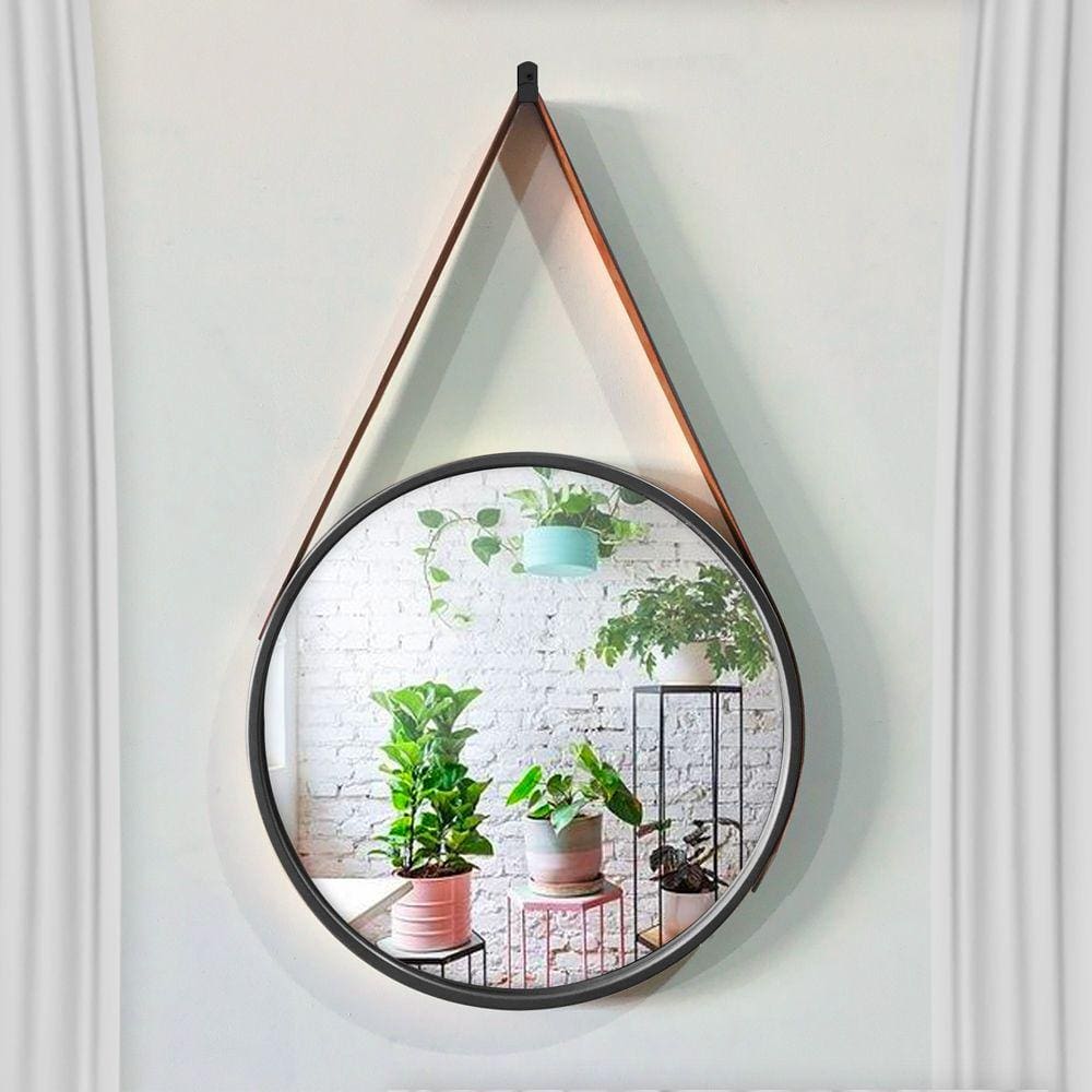 Espelho Decorativo Adnet Redondo Preto 45 cm com Alça Marrom - D`Rossi