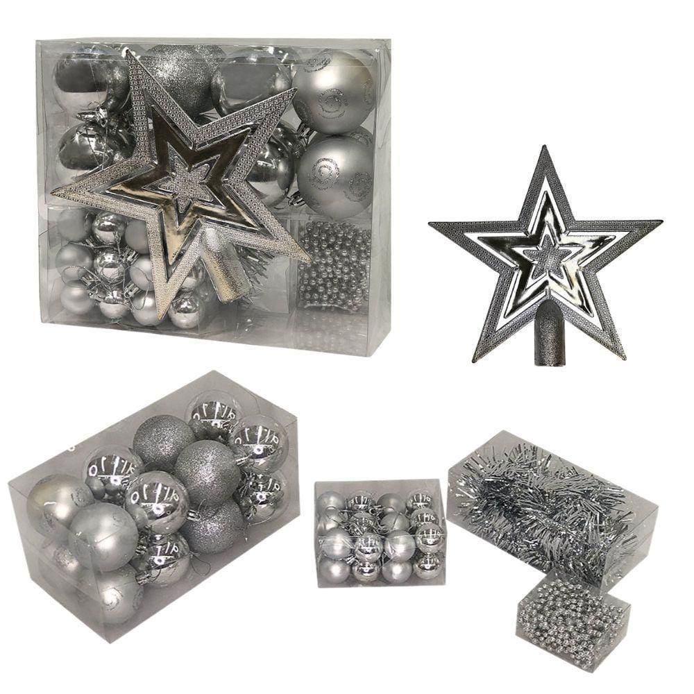 Kit De Enfeite Natal Prata Estrela Bolinha Festão Cordão