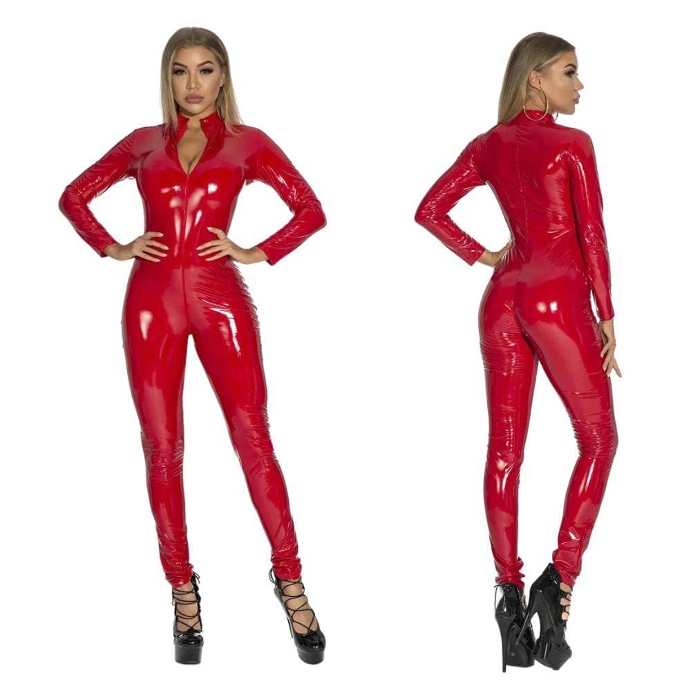 Macacão Catsuit Fantasia Hot Vinil Alto Brilho Vermelho M221