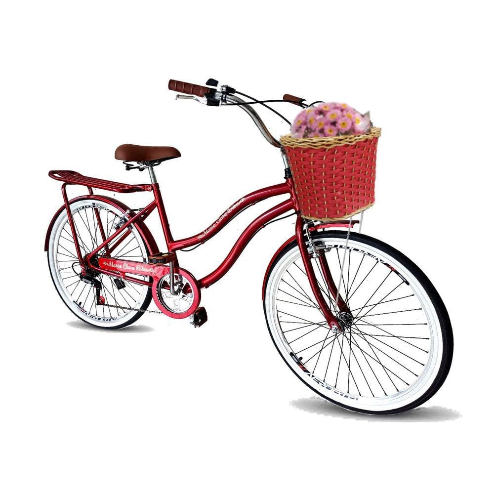 Bicicleta feminina aro 26 com cestinha tpo vime retrô 6v vrm