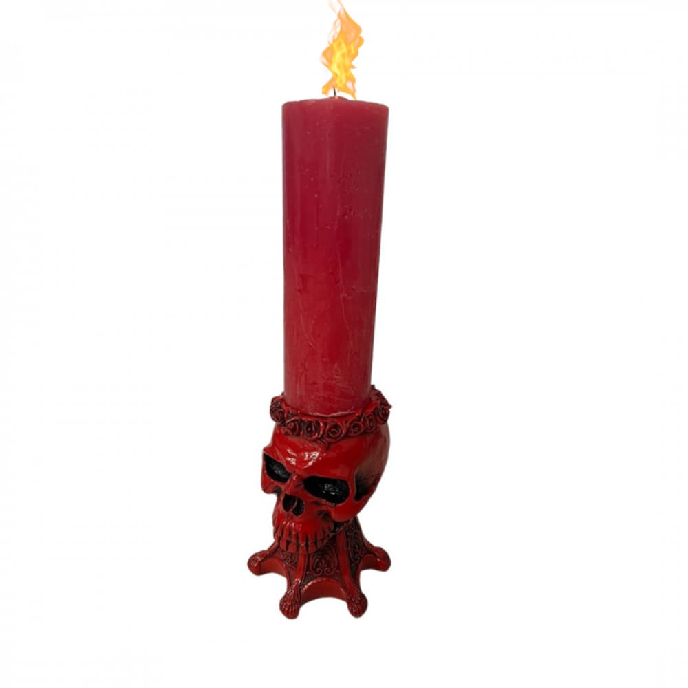 Escultura Cranio Castiçal 13 cm em Resina Vermelho