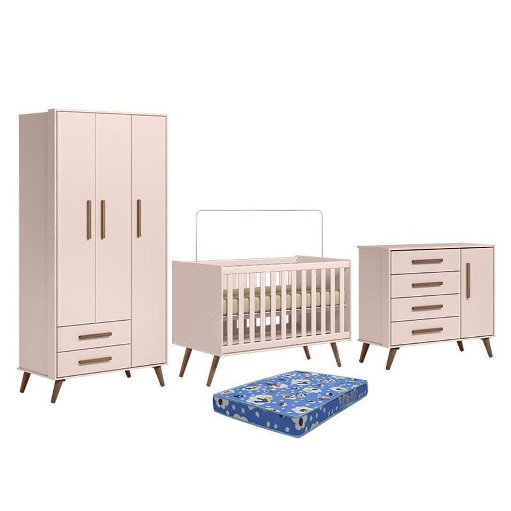 Dormitório Infantil Q Encanto Retrô Guarda Roupa, Cômoda e Berço com Colchão Physical - Qmovi