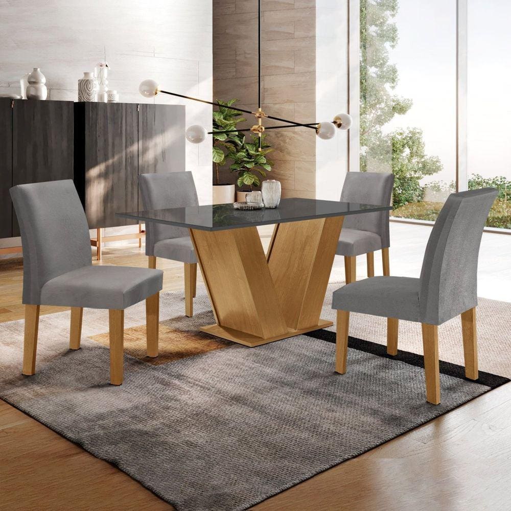 Conjunto Sala de Jantar Mesa 120x80cm Tampo MDF/Vidro com 4 Cadeiras Espanha Yescasa Chocolate/Off White/Suede Marrom Claro