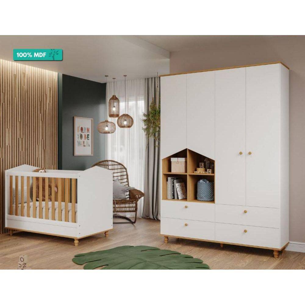 Quarto de Bebê com Berço Minicama Mimo e Guarda Roupa 4 portas e 4 gavetas Casinha Permobili Branco/Nature
