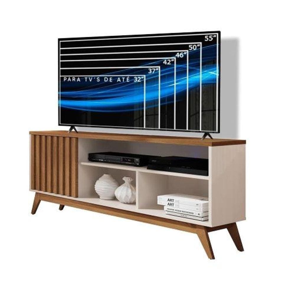 Rack Retrô TV Até 60 Polegadas Pés De Madeira 1 Porta E Nichos Malbec Wood Ripado 1.36