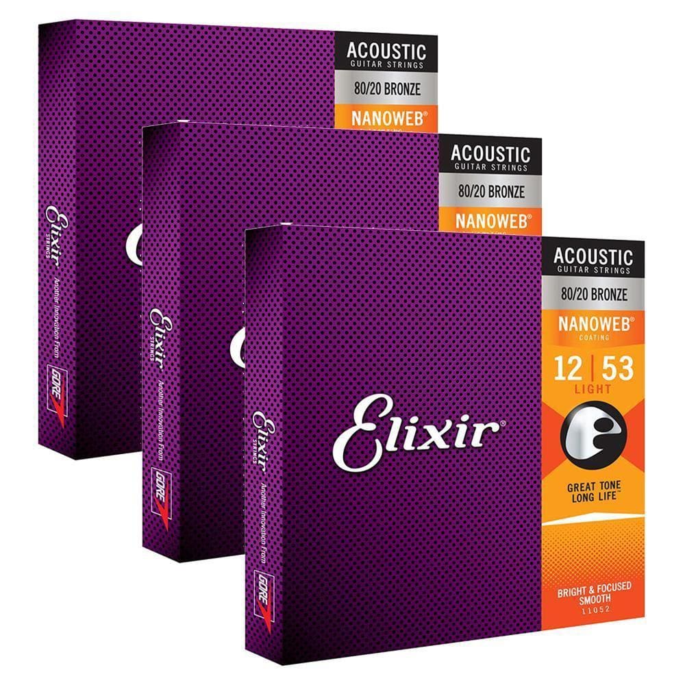 3 Encordoamentos Violão Aço Elixir .012 11052 Light Nanoweb