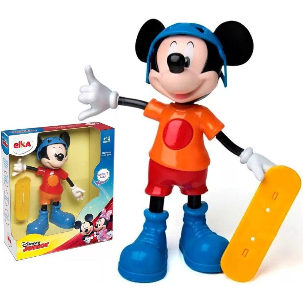 Boneco Mickey Mouse Radical Fala 5 frases Skatista Com Skate Brinquedo 24cm