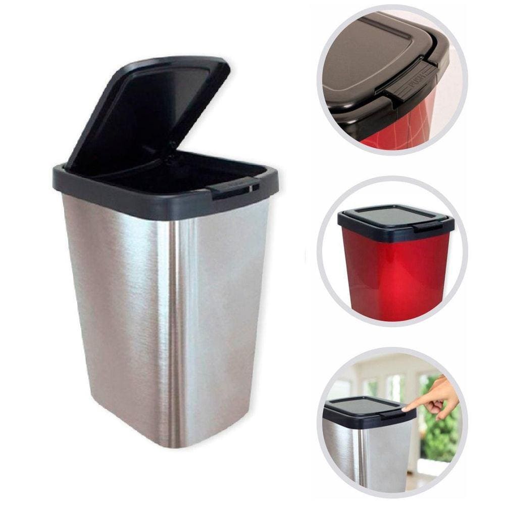 Lixeira Cesto Com Tampa Click Inox Metalizada 9 Litros
