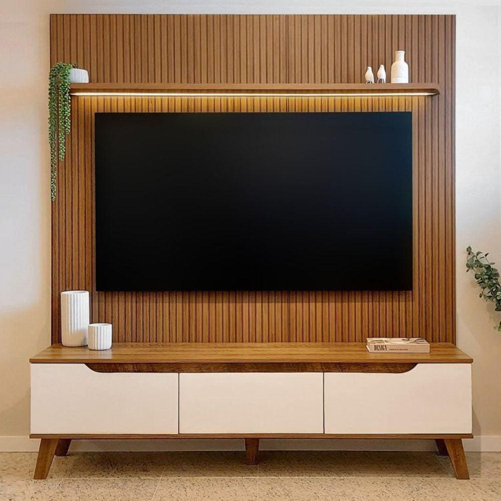 Rack com Painel para TV até 75 Polegadas com LED Impressão Ripada 3D Liverpool Pinho/Off White