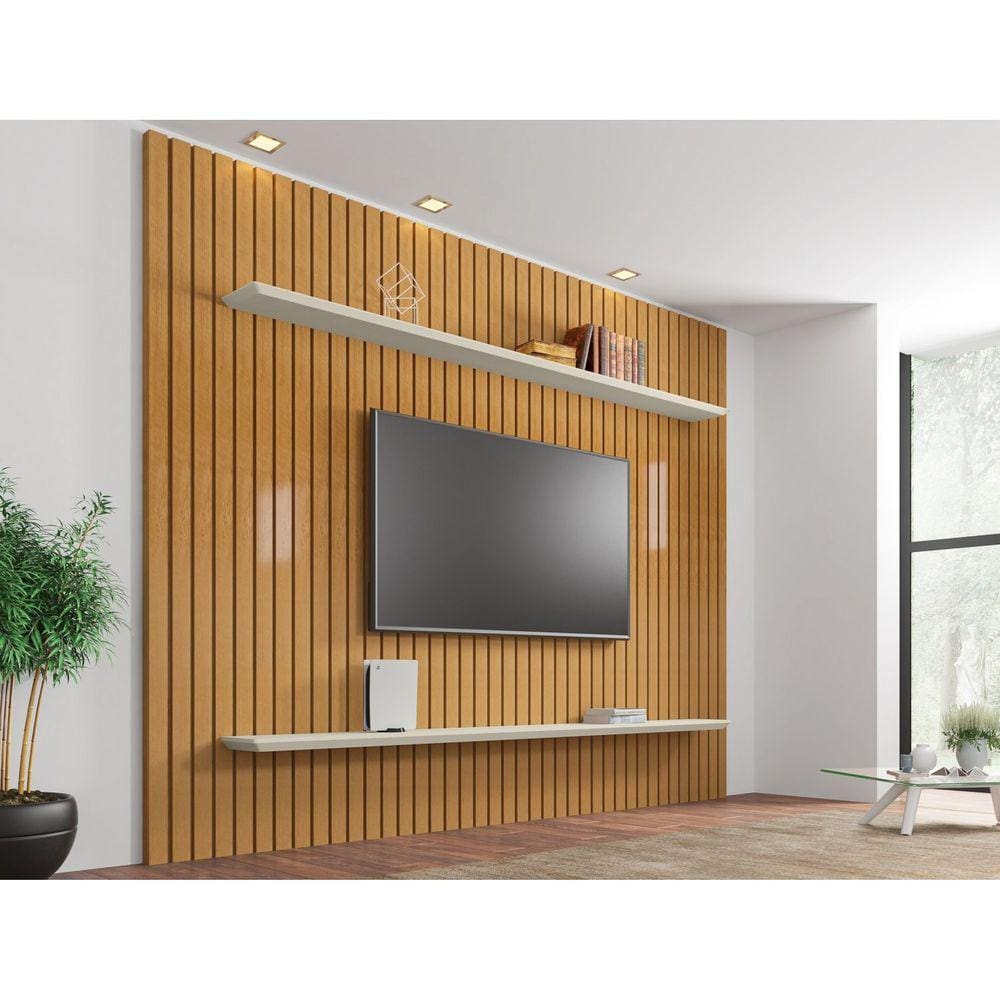 Painel Ripado Para TV até 65 Polegadas 2 Prateleiras Roma Cinamomo/Off White