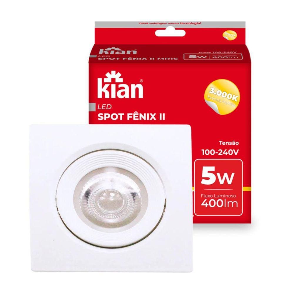 Kit 2 Spot Luminaria Embutir Led Quadrada 5W 3000K Kian