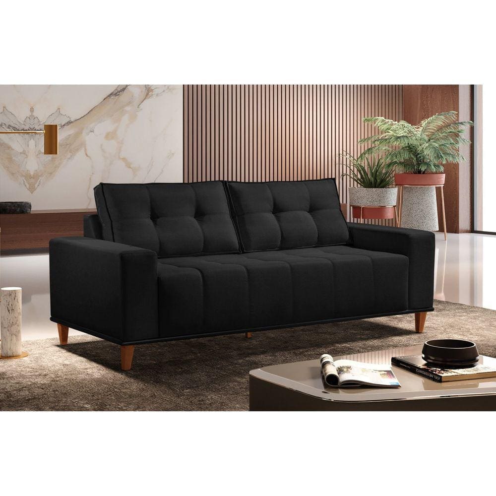 Sofá 3 Lugares Veludo 190cm com Molas Beny Preto