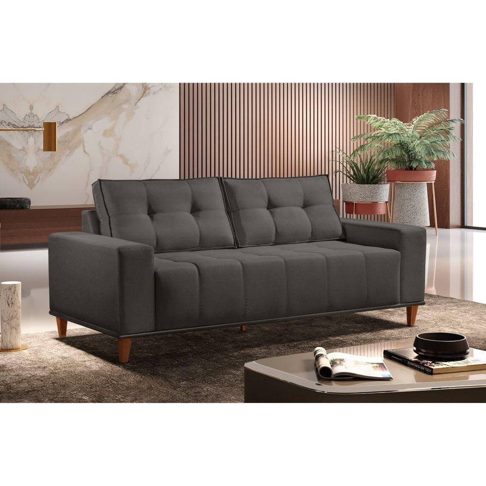 Sofá 3 Lugares Veludo 220cm com Molas Beny Cinza grafite
