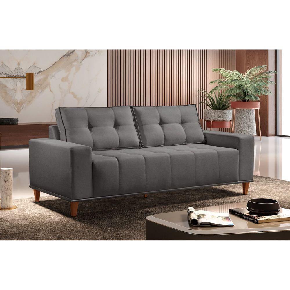 Sofá 3 Lugares Veludo 190cm com Molas Beny Cinza Prata