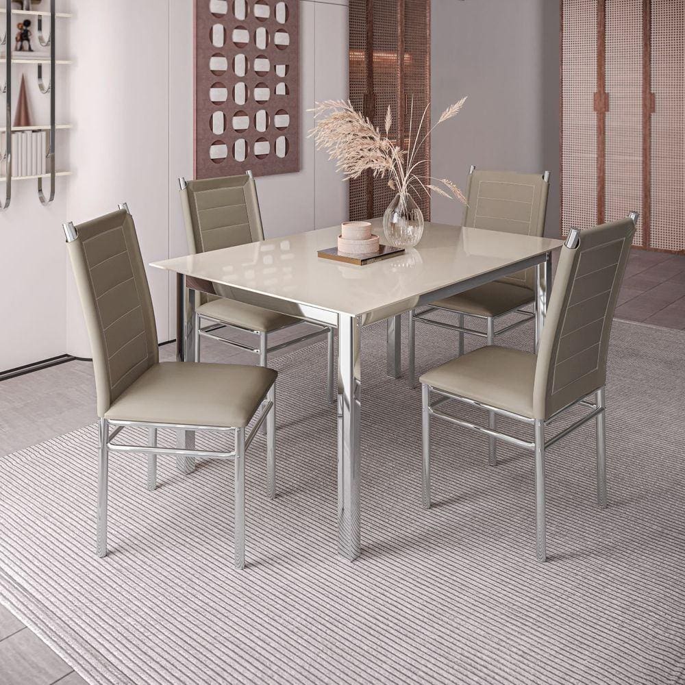 Conjunto Sala de Jantar Mesa Dubai Tampo Vidro com 4 Cadeiras Tokio Cromado/Off White