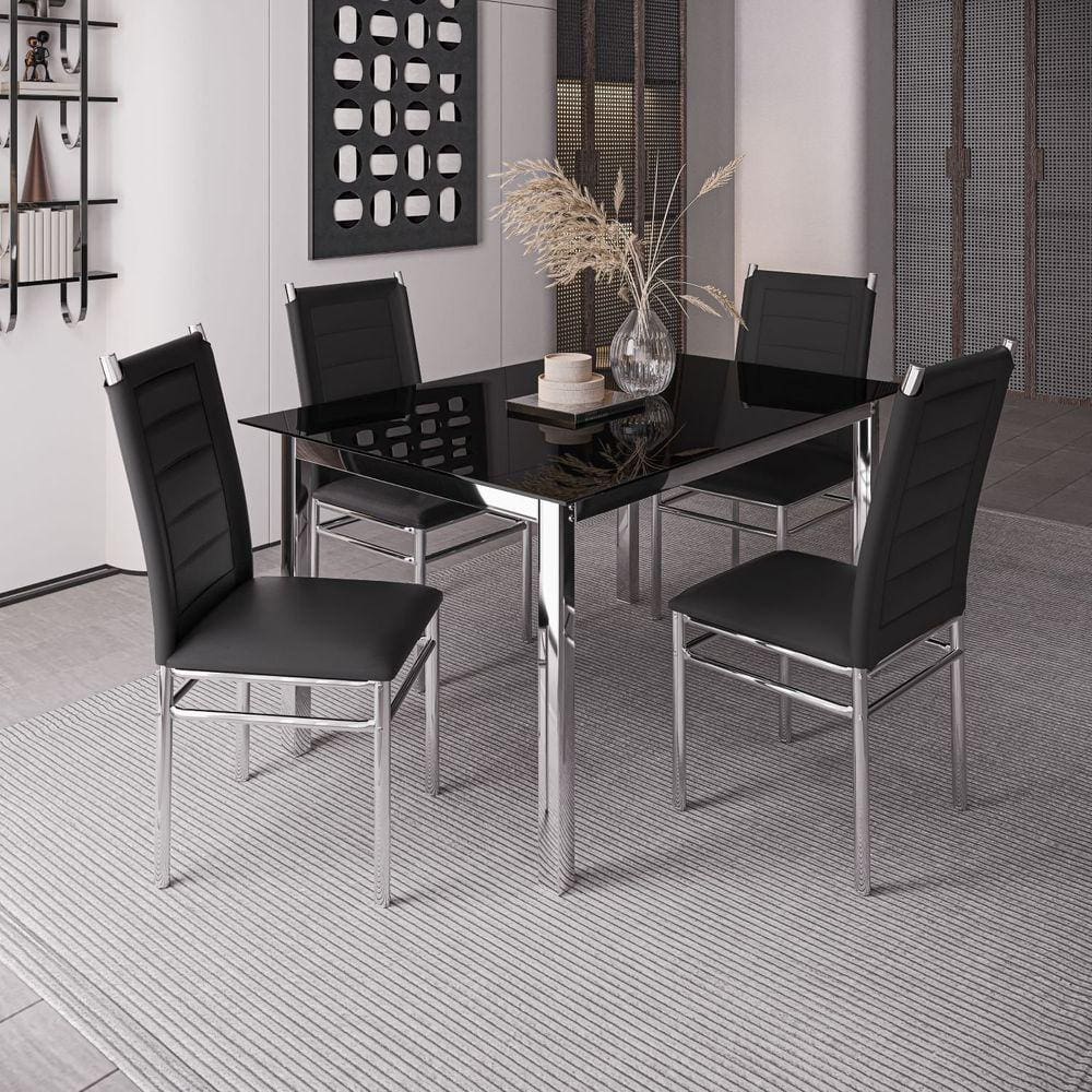 Conjunto Sala de Jantar Mesa Dubai Tampo Vidro com 4 Cadeiras Tokio Cromado/Preto