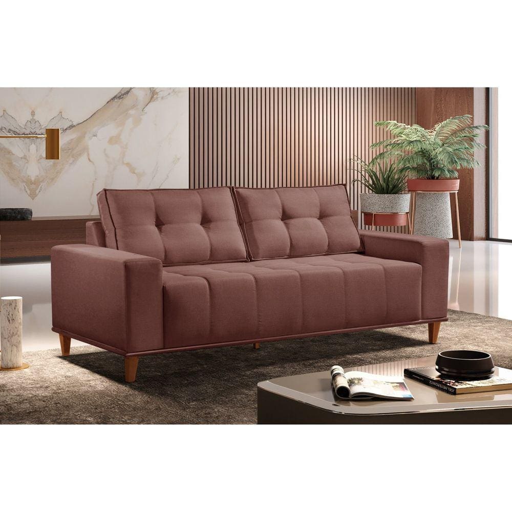 Sofá 3 Lugares Veludo 220cm com Molas Beny Rose