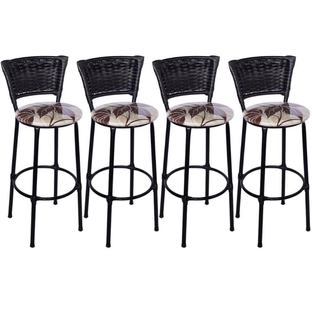 Kit 4 Banquetas Altas Preta com Encosto Junco Preto Assento Floral Marrom