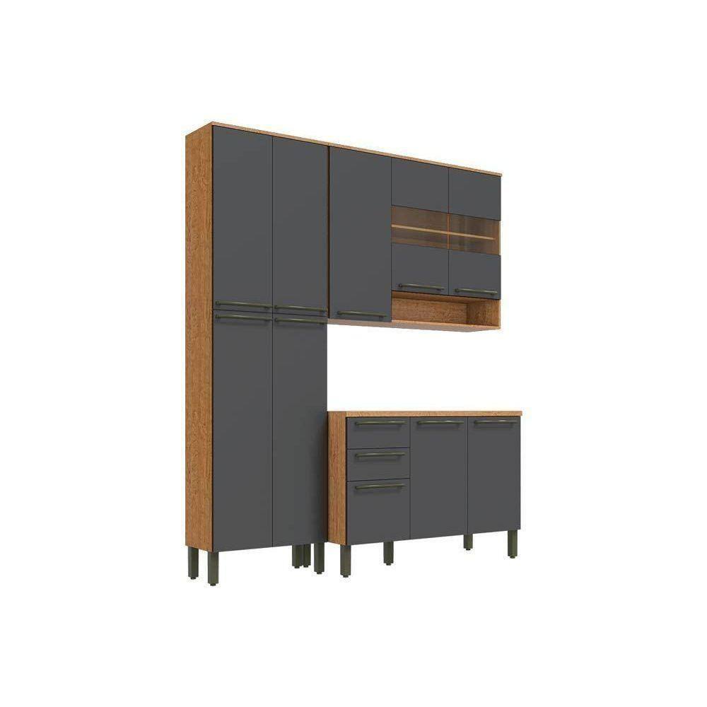 Cozinha Compacta Nápoli Prime 3Pçs (1 Armário + 1 Balcão + 1 Paneleiro) C3p02 Castanho/chumbo