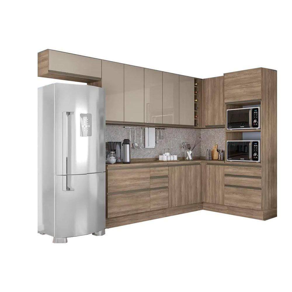 Cozinha Completa Maxxi 11 Peças (4 Armários + 3 Balcões + 1 Paneleiro + 3 Complementos) C11p08 Nogal