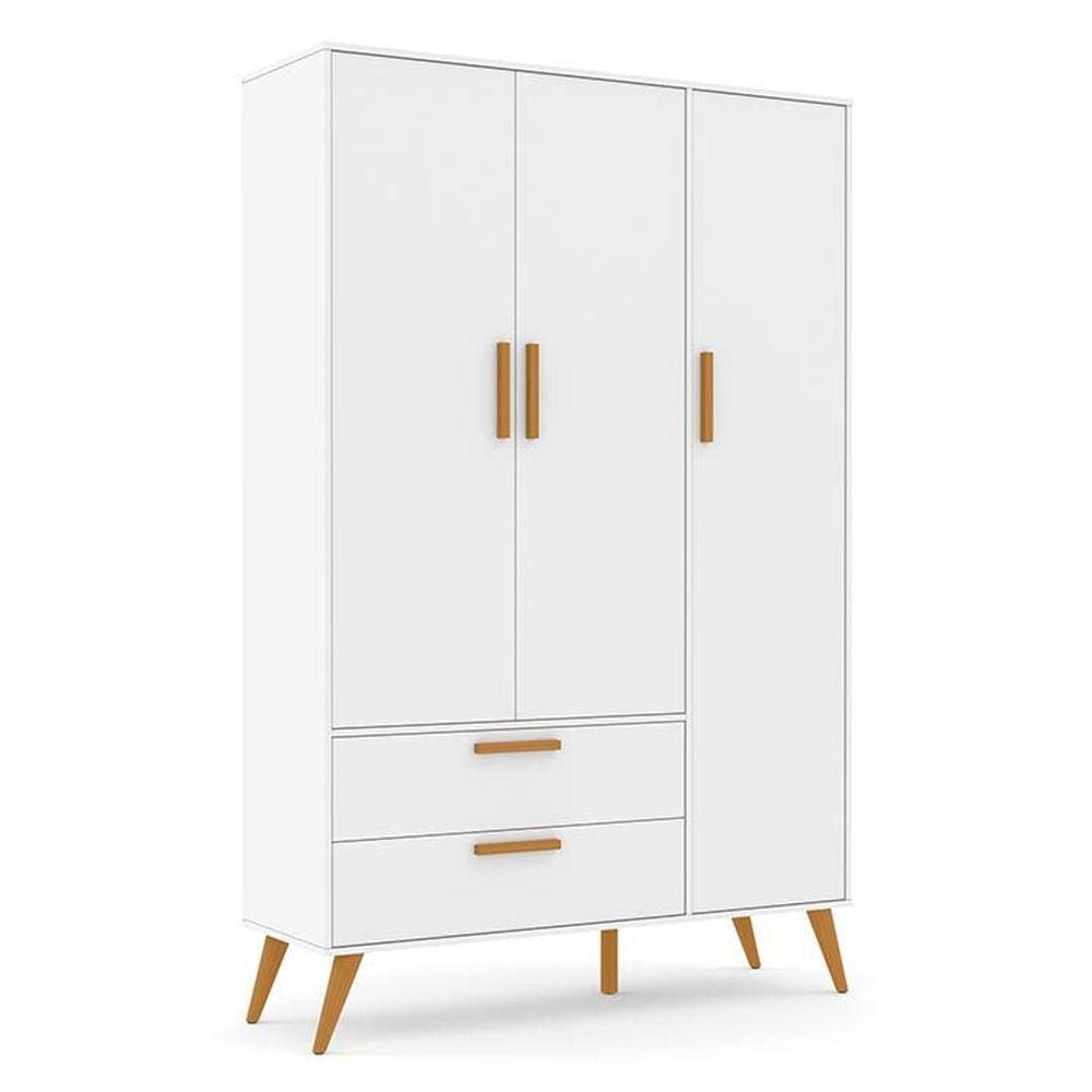 Guarda Roupa Infantil 3 Portas e 2 Gavetas Retrô 100% MDF Cor Branco Acetinado - Matic Móveis
