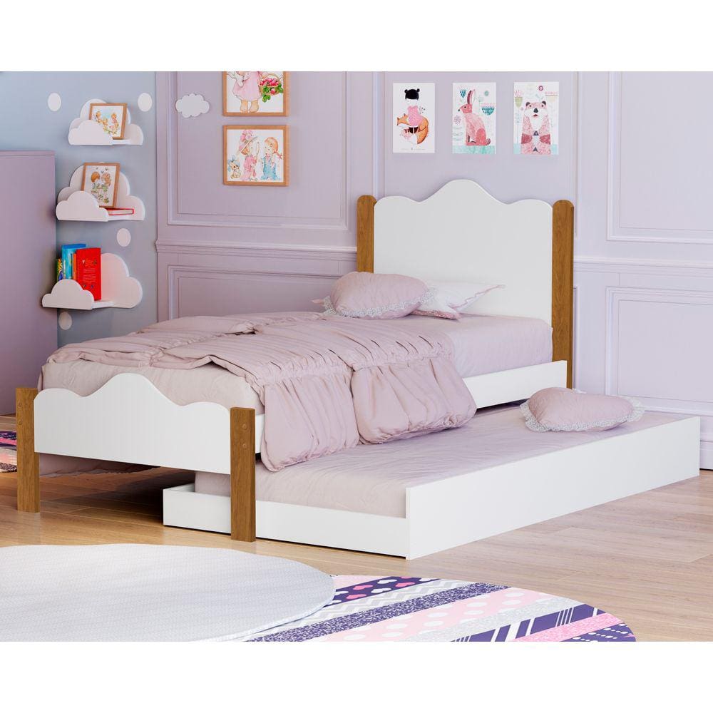 Cama Nina Com Auxiliar Solteiro Coroa Princesa Branco Nature