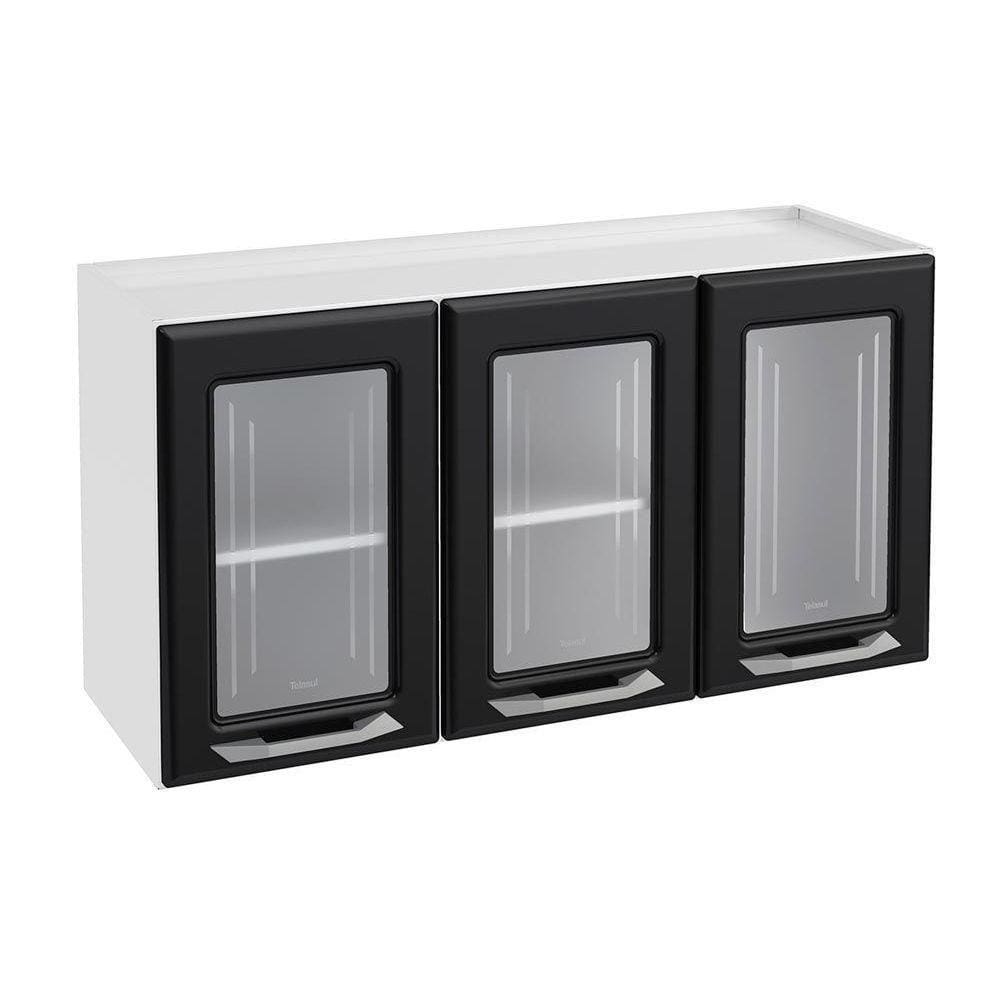 Armário Aéreo Cozinha Modulado Topázio 3 Portas C/ Vidro Branco/preto - Telasul
