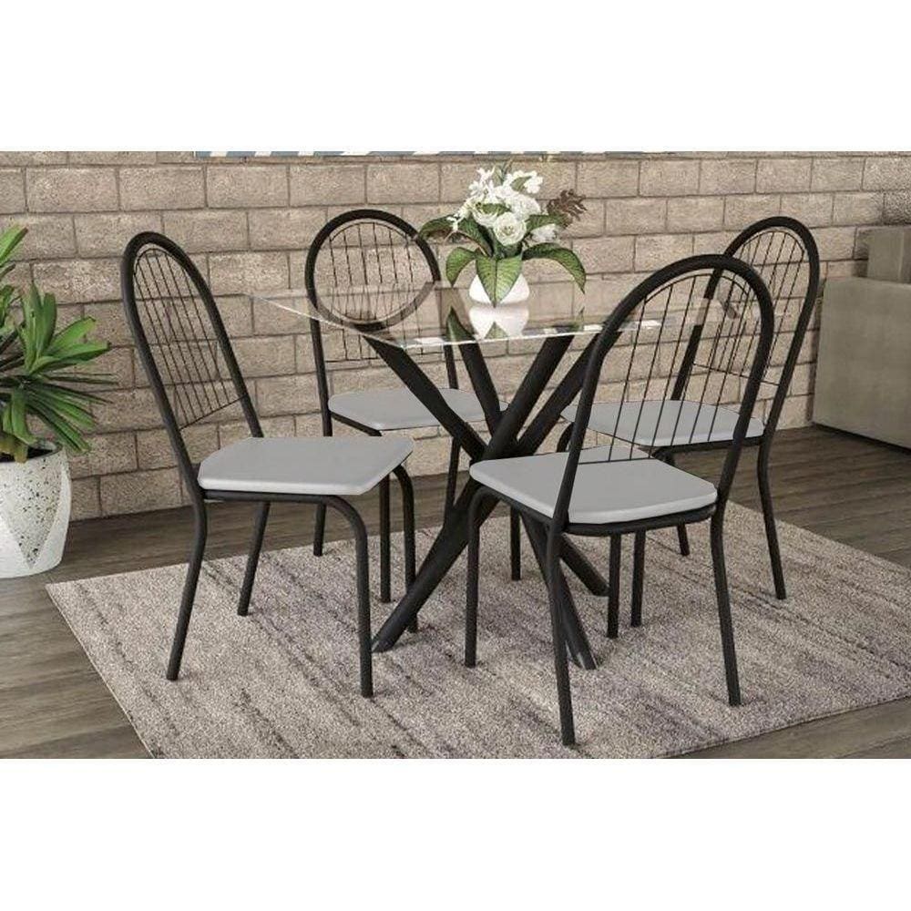 Conjunto: Mesa Sala Jantar Volga C/ Tampo Vidro 95cm + 4 Cadeiras Noruega Preto Fosco/courano Branco