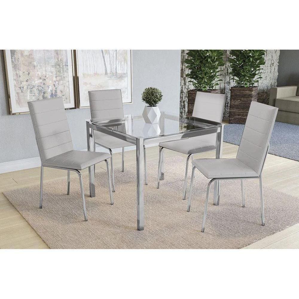 Conjunto: Mesa Sala Jantar Reno C/ Tampo Vidro 90cm + 4 Cadeiras Amsterdã Cromado/courano Branco