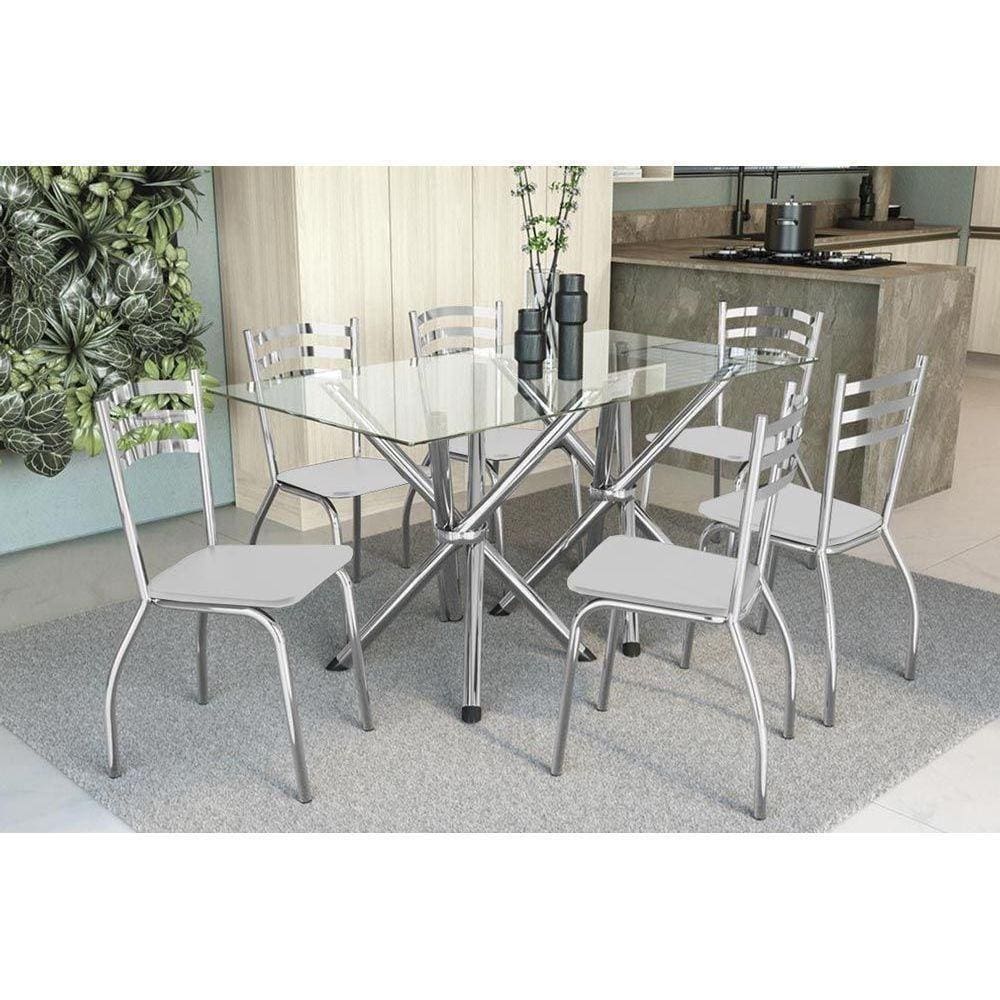 Conjunto: Mesa Sala Jantar Volga C/ Tampo Vidro 150cm + 6 Cadeiras Portugal Cromado/courano Branco